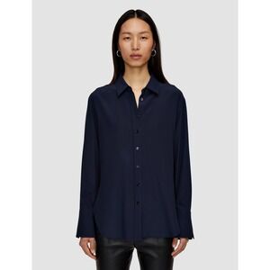 Mott & Bow Women's Silk Button Down Long Sleeve Blouse Shirt navy sz L